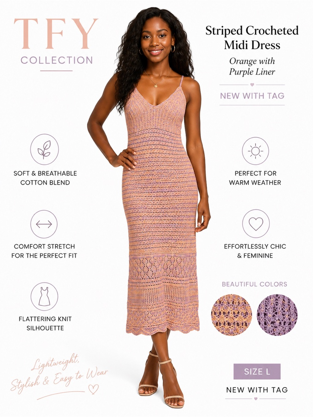 TFY Collection Crochet Knit Midi Dress L Peach Lavender Cotton Blend NWT